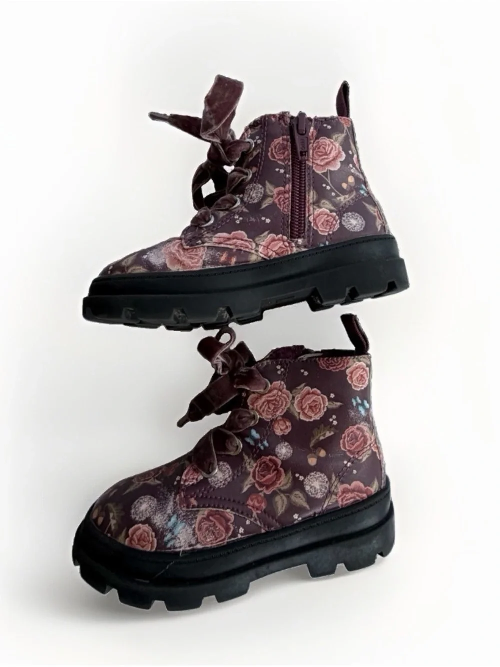 H&M Toddler Girls Floral Combat Boots Sz 6.5 Velvet Ribbon Laces Lug Sole Zipper